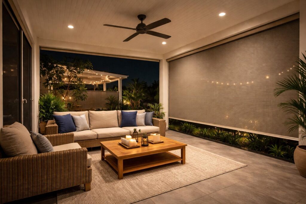 Outdoor patio at night with lighting, fan, and blinds creating a cozy and functional living space