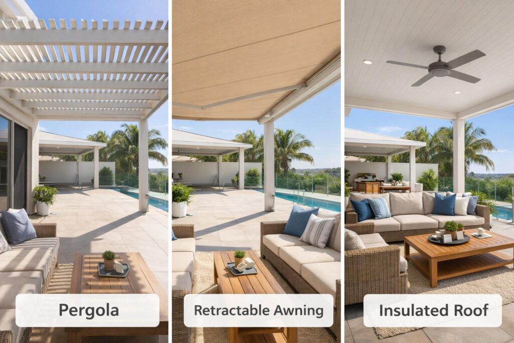 Visual comparison of pergola, awning, and insulated roof showing different levels of shade and protection