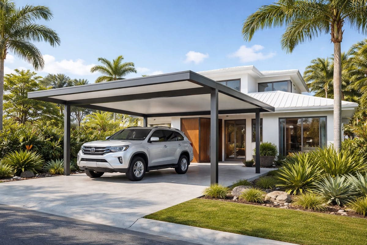 Carport Mistakes That Can Fail Inspection (and How to Avoid Them) 2 Modern carport attached to a coastal home with a parked SUV, showing a clean and compliant outdoor structure.