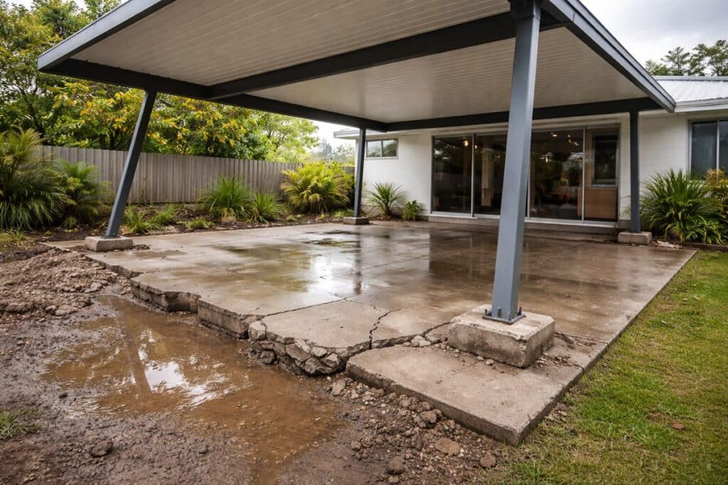 Carport with cracked and unstable foundation highlighting common structural issues that fail inspection.
