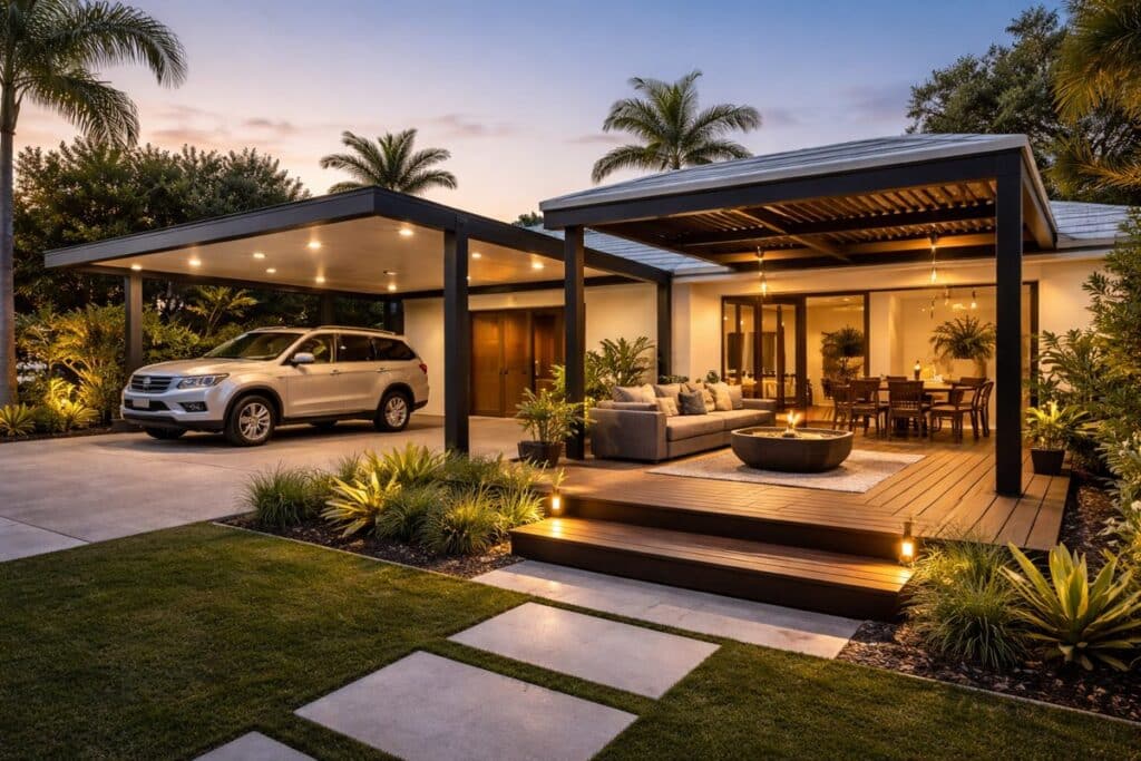 Finished outdoor space featuring a carport integrated with a patio and deck, showcasing a complete and well-designed build.