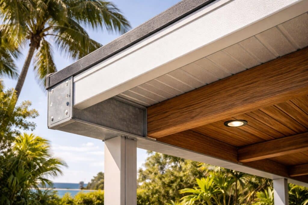 Future-Proofing Your Carport: Build for Today, Plan for Tomorrow 2 Close-up of durable carport materials including steel frame and timber designed for coastal conditions.