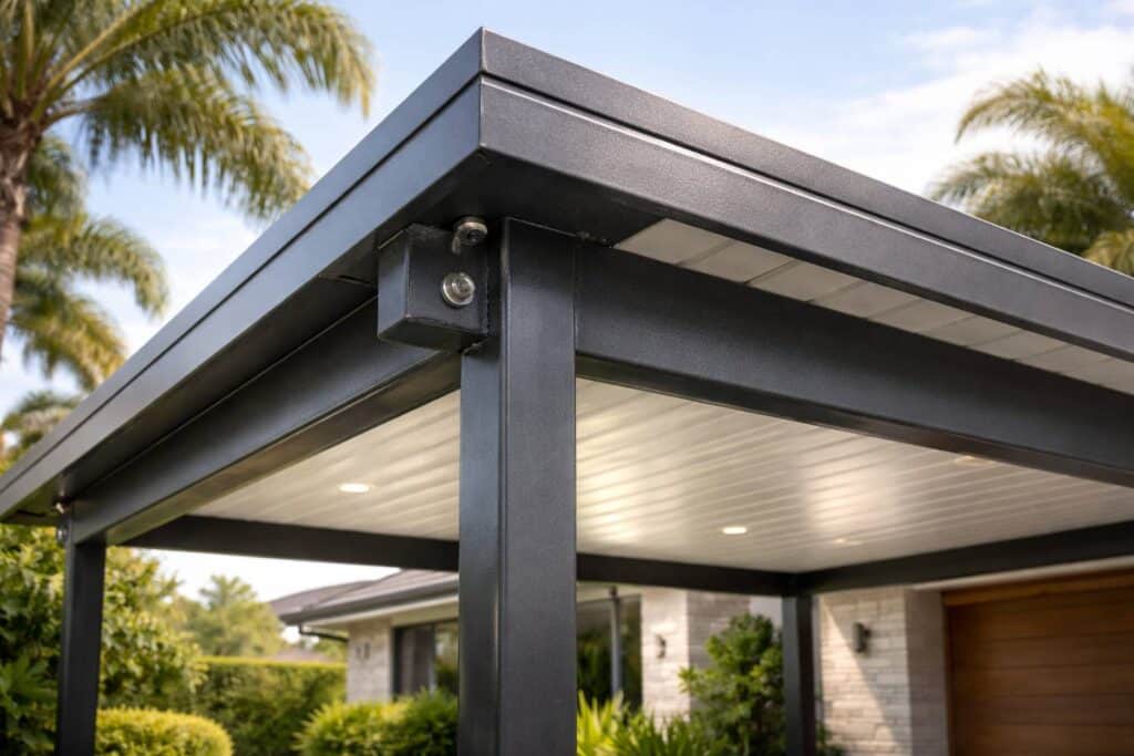 Close-up of durable carport materials designed to withstand coastal weather conditions.
