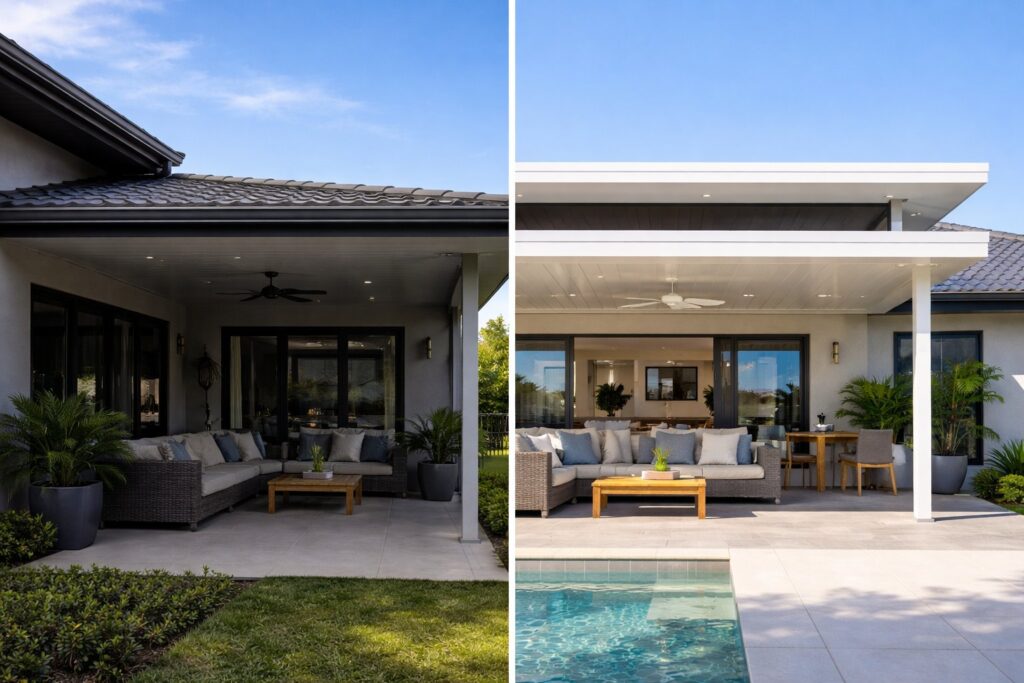 Comparison of a low, enclosed patio versus a bright, open flyover roof design showing differences in light and airflow.