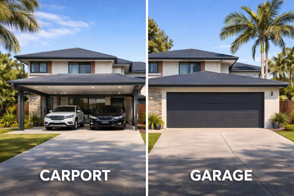 Side-by-side comparison of a carport and a garage attached to similar homes.