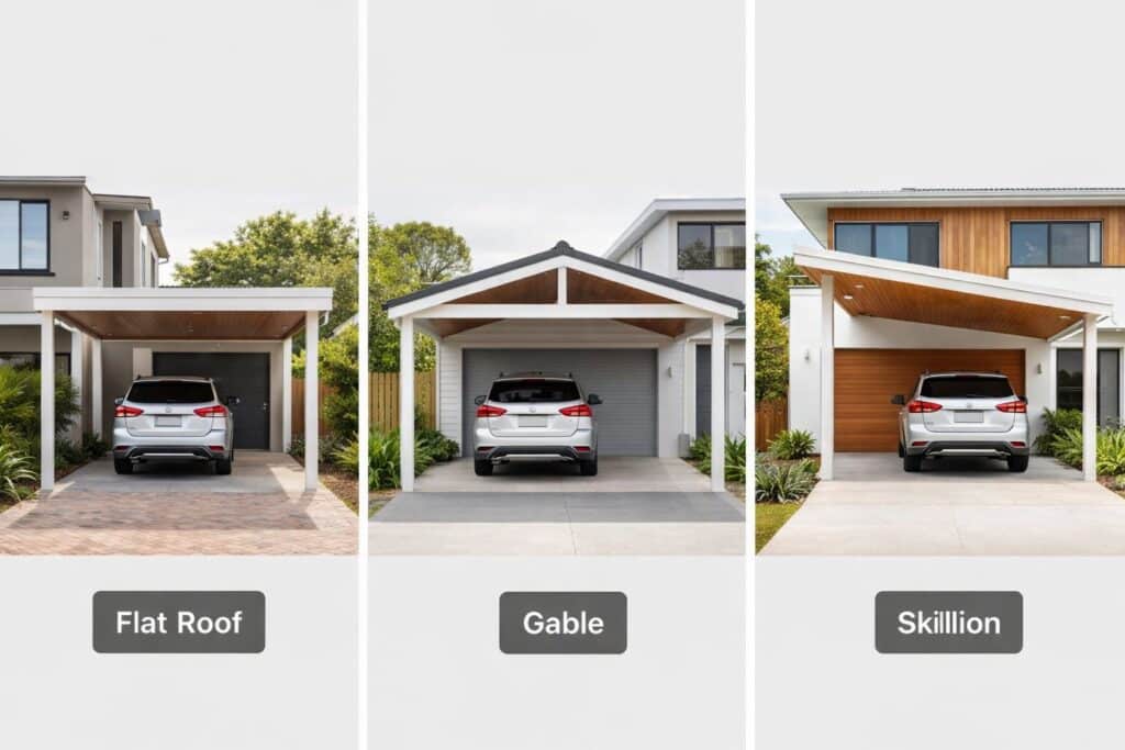 Carport Builders Southport 2 Three types of carport roof designs—flat, gable, and skillion—displayed side by side for comparison.