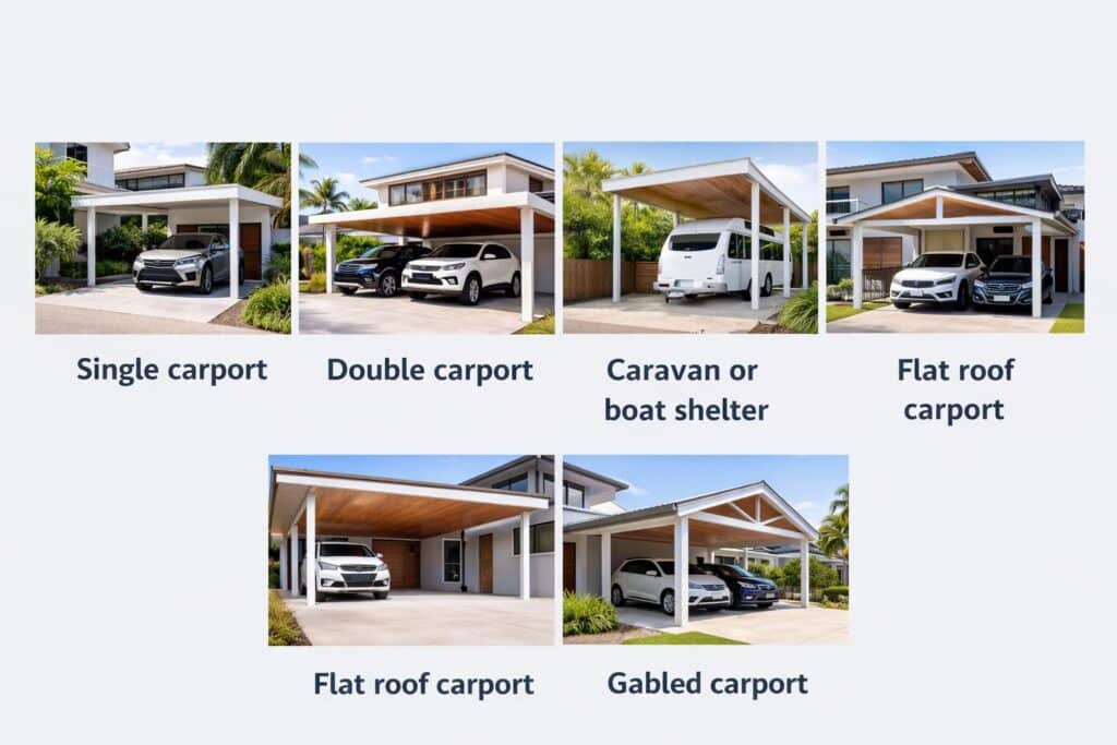 Carport Builders Biggera Waters 2 Different types of carports including single, double, and caravan shelters displayed in a comparison layout.