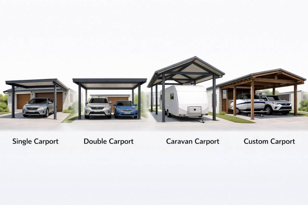 Visual comparison of single, double, caravan, and custom carport designs for different needs.