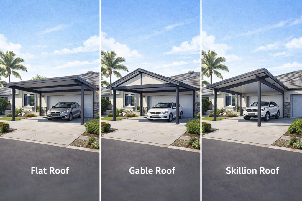 Different carport roof styles including flat, gabled, and skillion designs for residential homes.