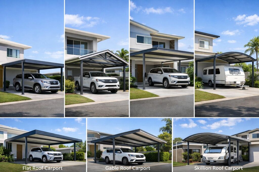 Different carport design styles including flat, gable, and curved roofs displayed across modern homes.