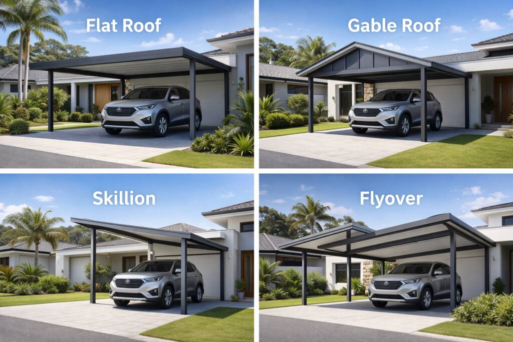 Different carport styles including flat, gable, skillion, and flyover designs displayed in a residential environment.