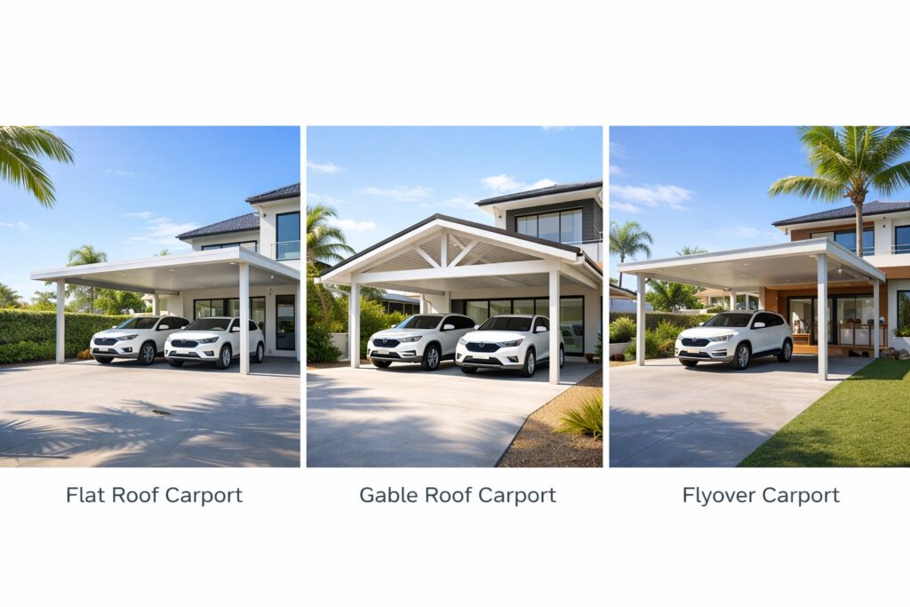 Comparison of three carport styles including flat roof, gable roof, and flyover designs on modern homes.
