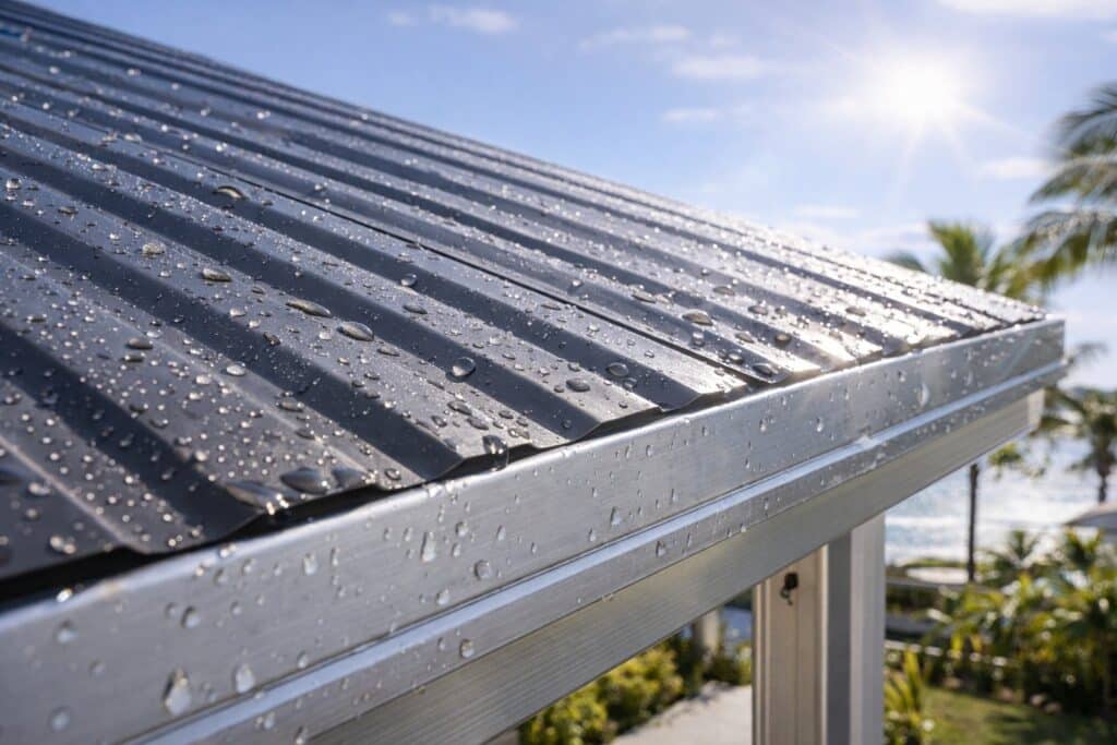 Close-up of Colorbond roofing and aluminium framing designed to withstand coastal weather conditions.