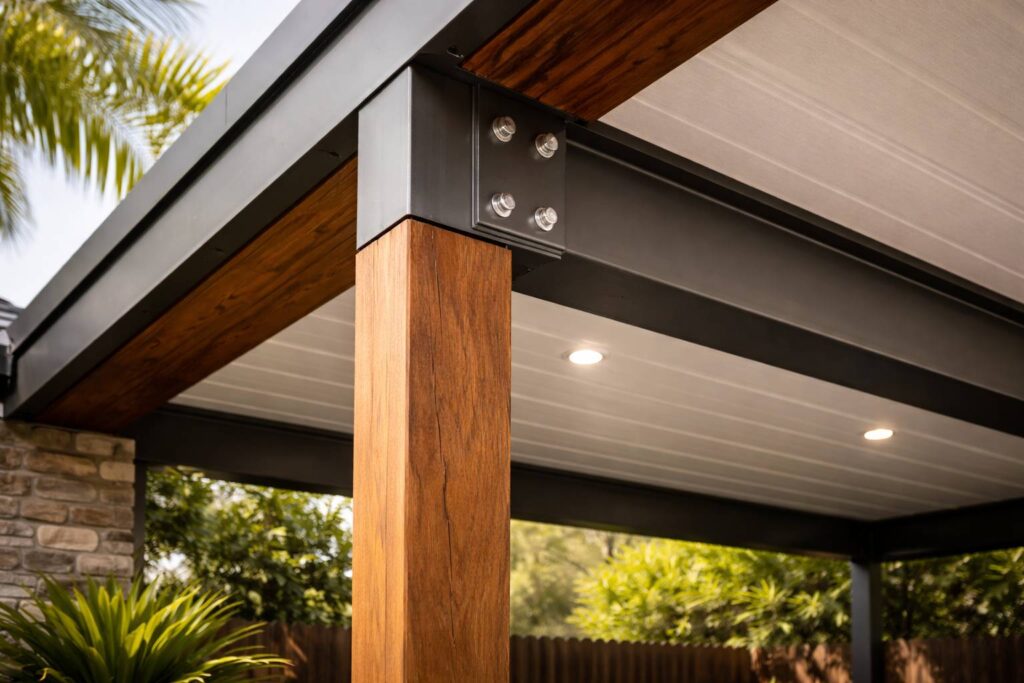 Close-up of durable carport materials including steel framing and timber supports.