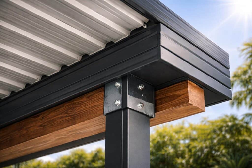 Close-up view of Colorbond roofing, steel framing, and timber elements used in a durable carport structure.