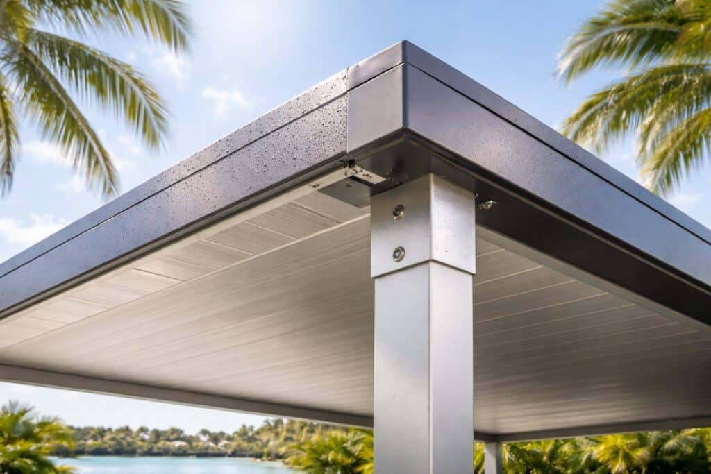 Close-up of corrosion-resistant steel and aluminium used in coastal carport construction.