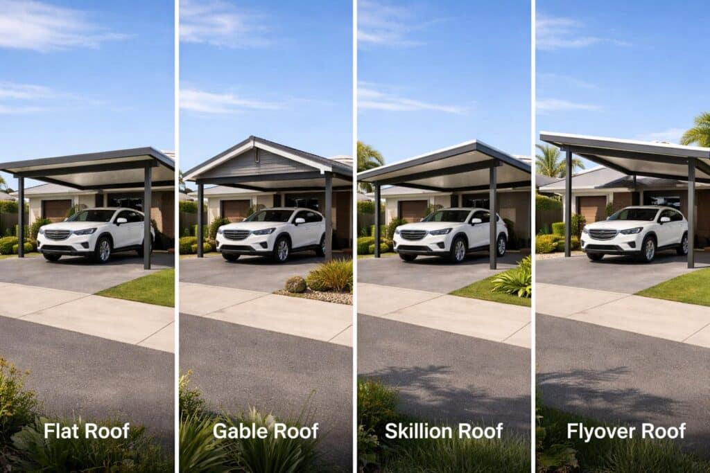 Comparison of different carport roof styles including flat, gable, skillion, and flyover designs.