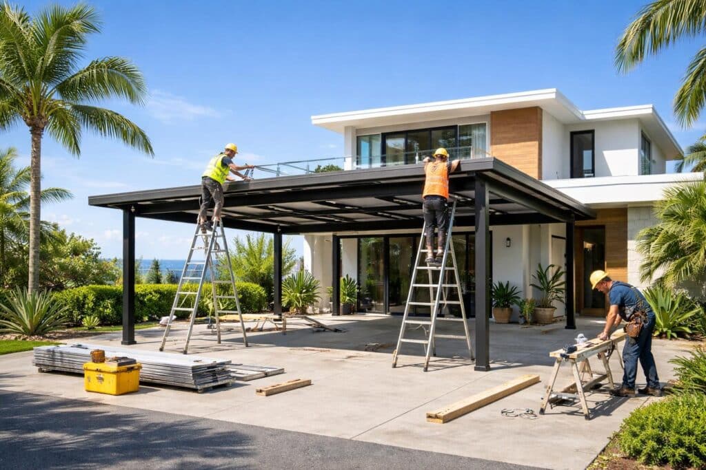 Carport construction in progress showing steel frame installation and workers building a durable structure.
