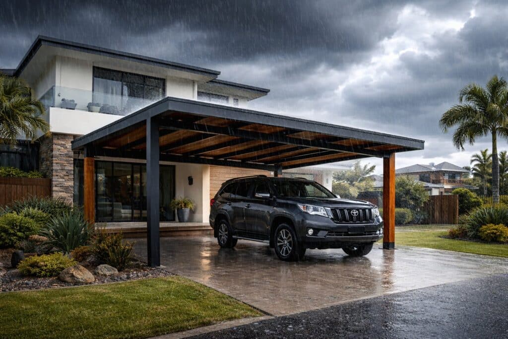 Durable carport protecting a vehicle during heavy rain and strong winds in a residential area.
