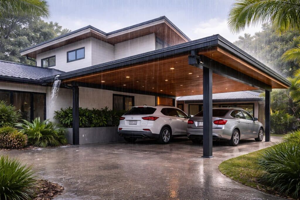 Matching a Carport to a House With an Unusual Roofline 3 Carport handling heavy rain with effective drainage directing water away from the home.