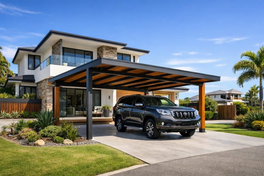 Modern luxury home featuring a custom-built carport with a parked SUV in a sunny suburban setting.