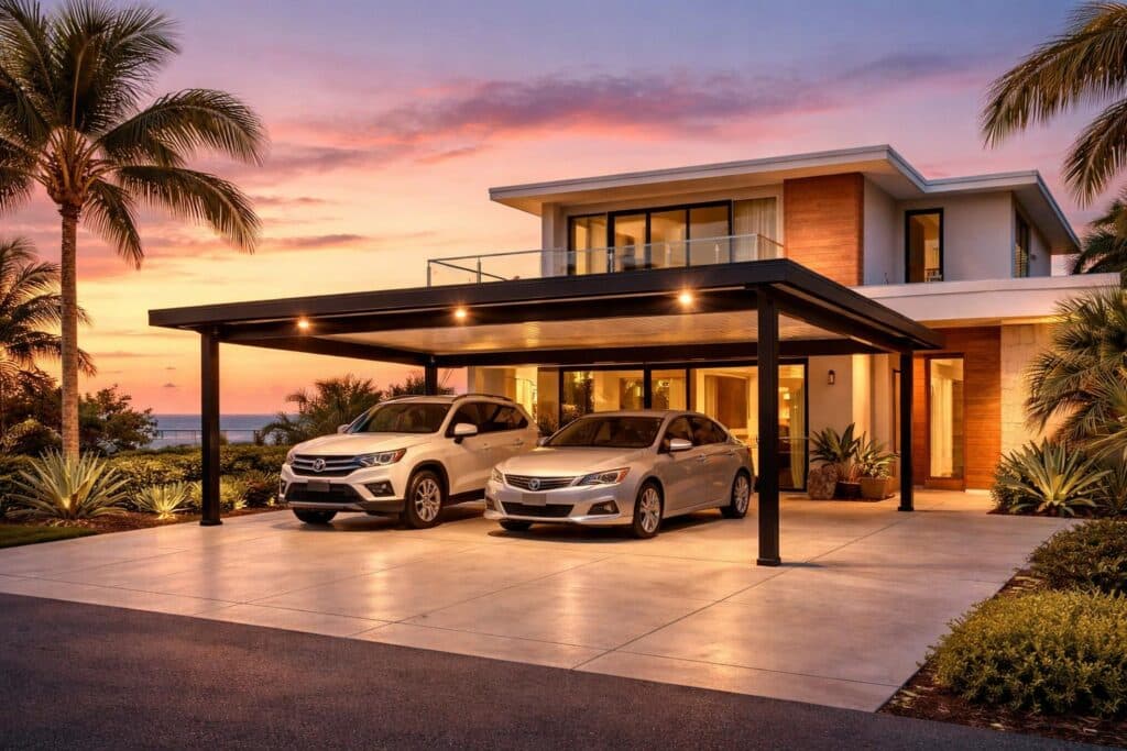 Premium finished carport attached to a modern home, captured at sunset with warm lighting and a polished driveway.
