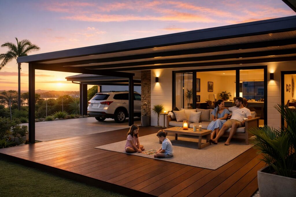 Carport integrated with a patio and deck creating a comfortable outdoor living space for a family.