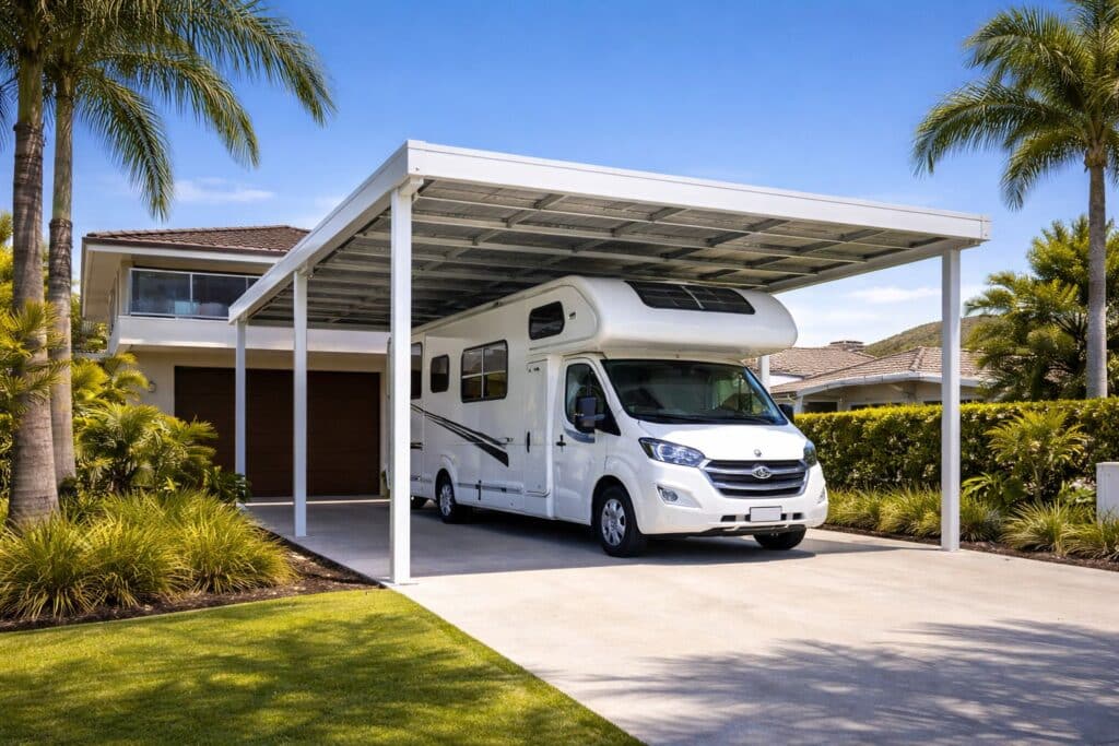 High-clearance caravan carport designed to protect large vehicles in coastal conditions.