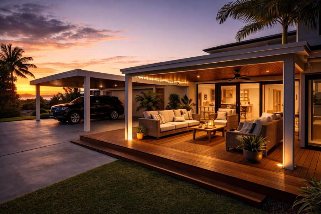 Carport Builders Biggera Waters 3 Completed outdoor living area featuring a carport, deck, and seating space designed for relaxation.
