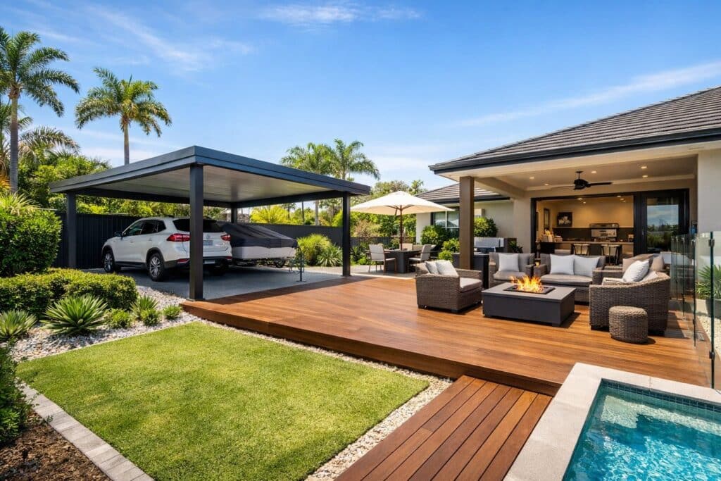 Modern backyard in Nerang featuring a stylish Colorbond carport integrated with a patio and decking, showcasing an upgraded outdoor living space.