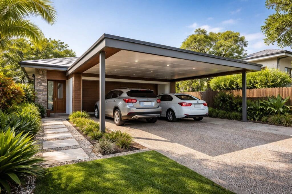 Modern custom-built carport attached to a suburban home in a sunny coastal environment.