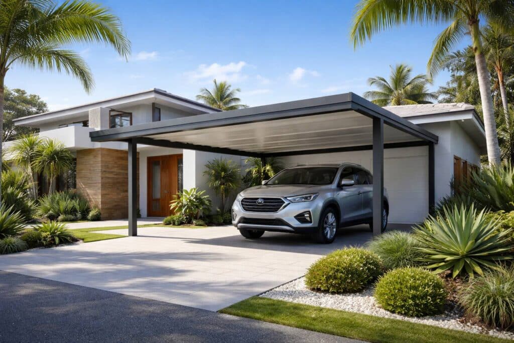 Modern Bundall home with a sleek carport protecting a vehicle, showcasing a stylish outdoor space in a coastal setting.