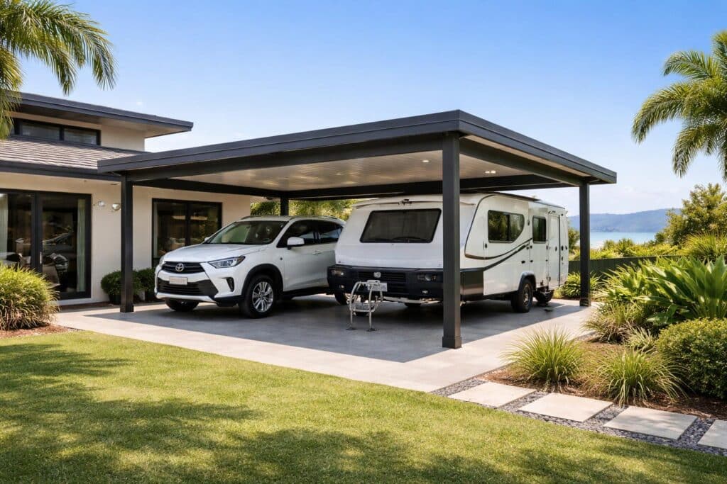 Large carport protecting a family SUV and caravan in a residential setting.