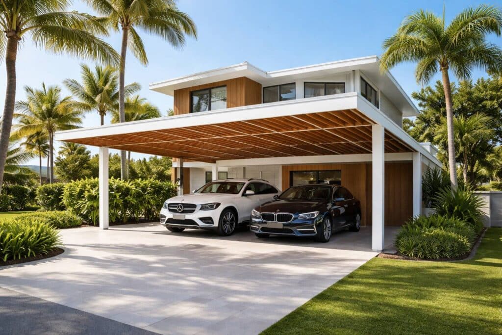 Modern coastal home in Hope Island featuring a custom-designed carport protecting luxury vehicles.