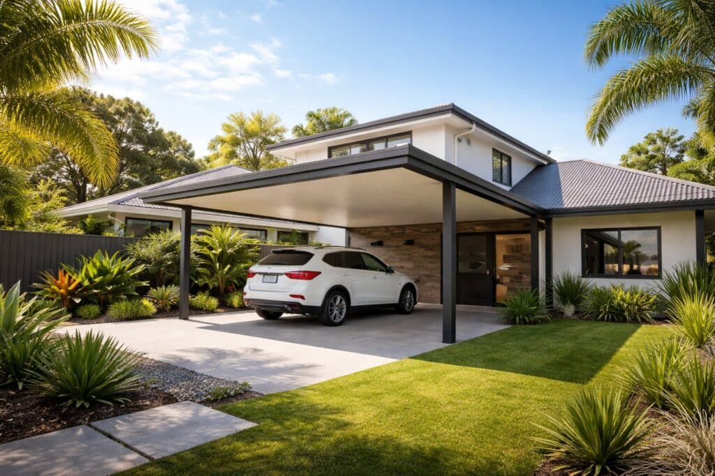 Modern home in Coomera featuring a sleek custom-built carport integrated into a landscaped backyard.