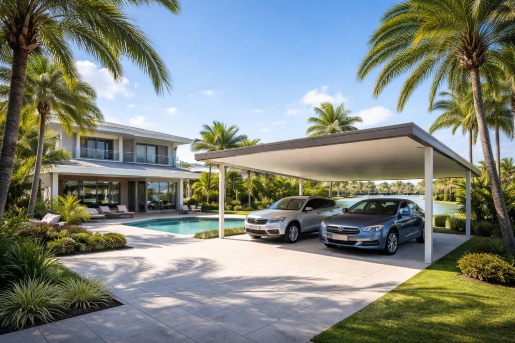 Modern waterfront home with a stylish custom carport in a sunny coastal setting.