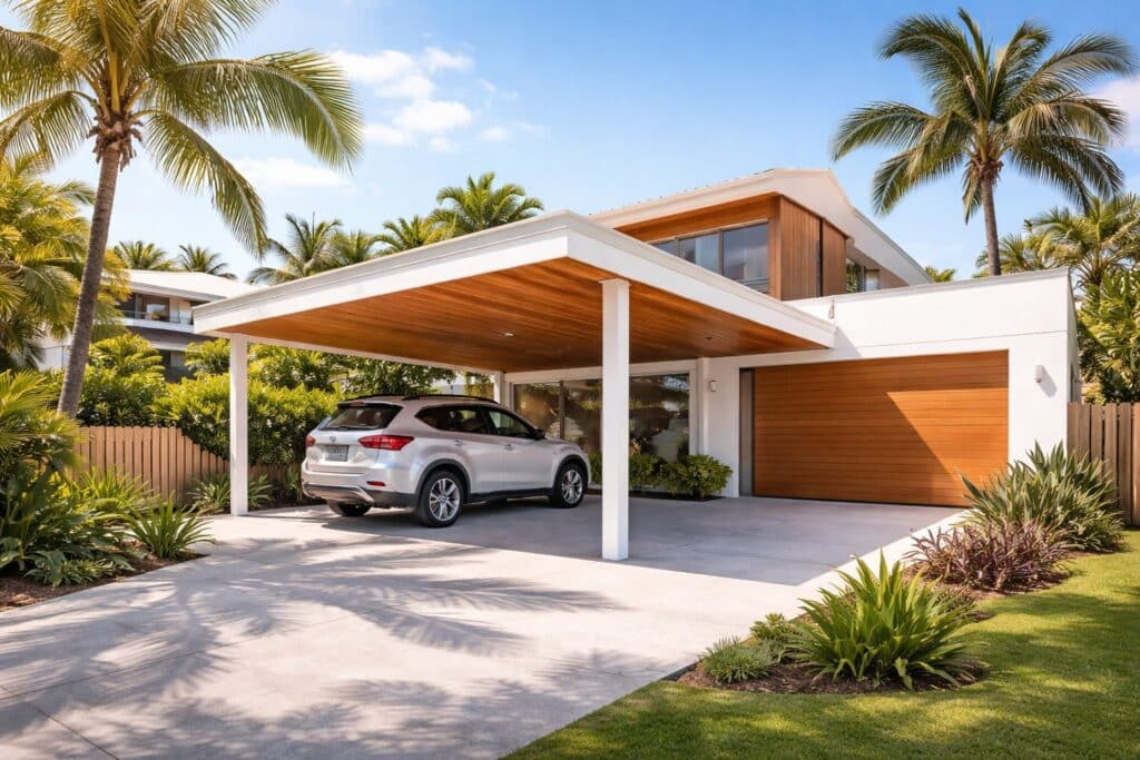 Carport Builders Southport 1 Modern coastal home in Southport featuring a sleek custom-built carport protecting a parked SUV on a sunny day.