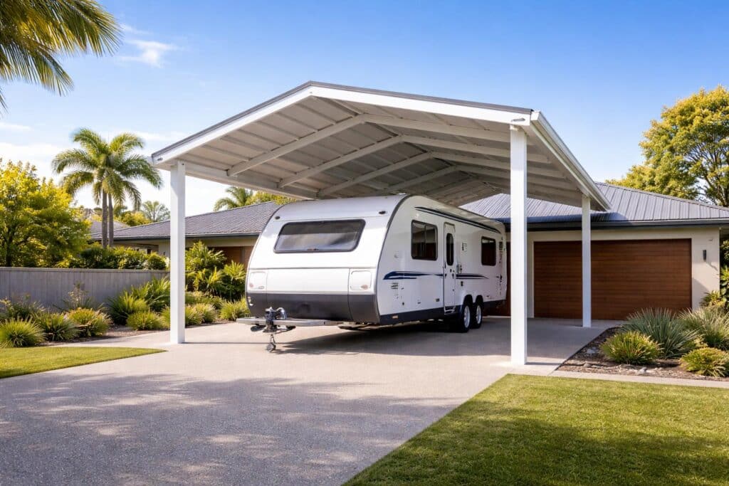 Tall custom carport designed to accommodate a caravan parked beside a residential property.