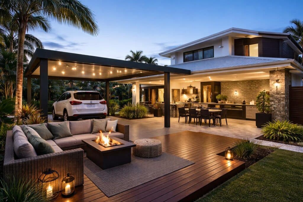 Beautiful outdoor living area combining a carport, patio, and deck for entertaining and everyday use.
