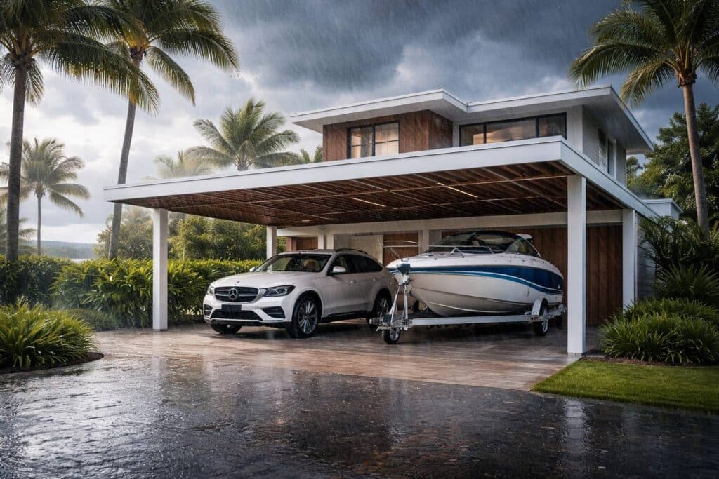 Durable carport shielding a vehicle and boat from heavy rain in a coastal environment.
