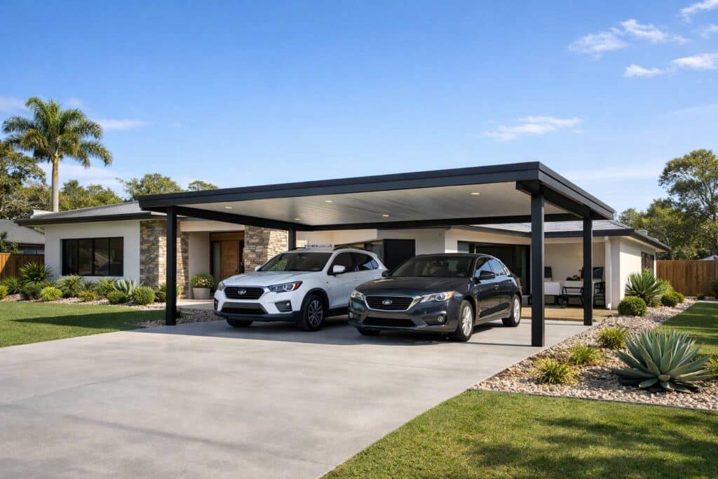 Modern flat-roof carport attached to a suburban home protecting two vehicles on a sunny day.