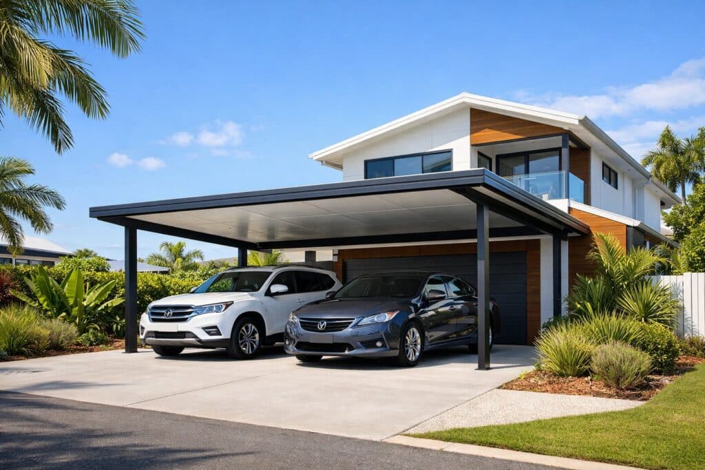 Modern double carport attached to a coastal home in Robina protecting two vehicles under a sleek insulated roof.
