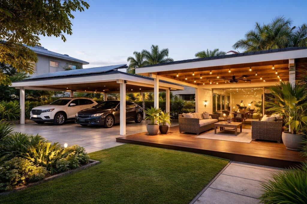Future-Proofing Your Carport: Build for Today, Plan for Tomorrow 1 Carport seamlessly connected to a patio and pergola creating a functional outdoor living space.