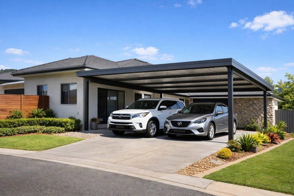 Family home featuring a spacious double carport with two vehicles parked underneath.