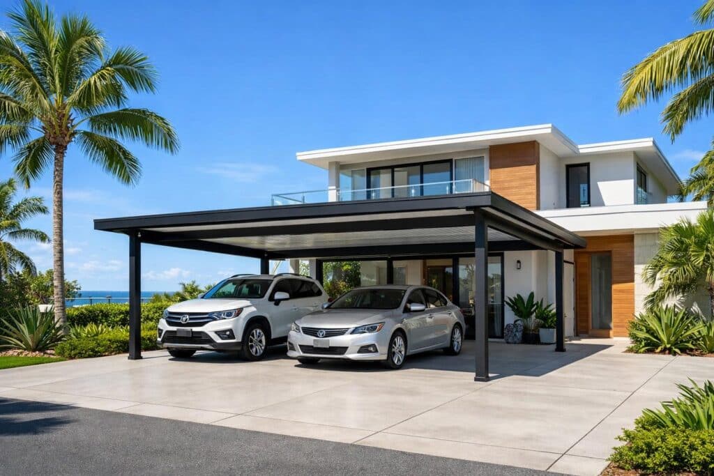 Modern coastal home in Hollywell featuring a sleek double carport with a steel frame and flat roof on a sunny day.