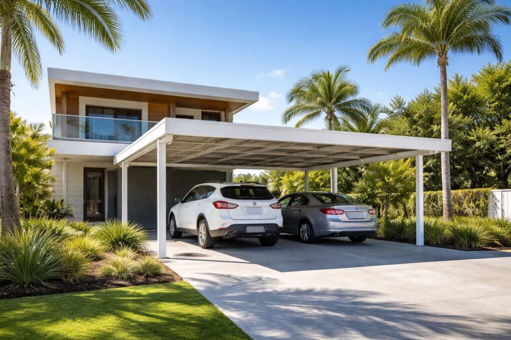 Modern double carport attached to a coastal home providing stylish vehicle protection.