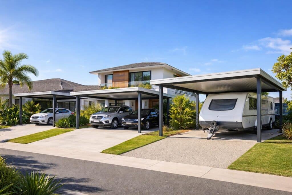 Various custom carport designs including single, double, and caravan-sized structures.