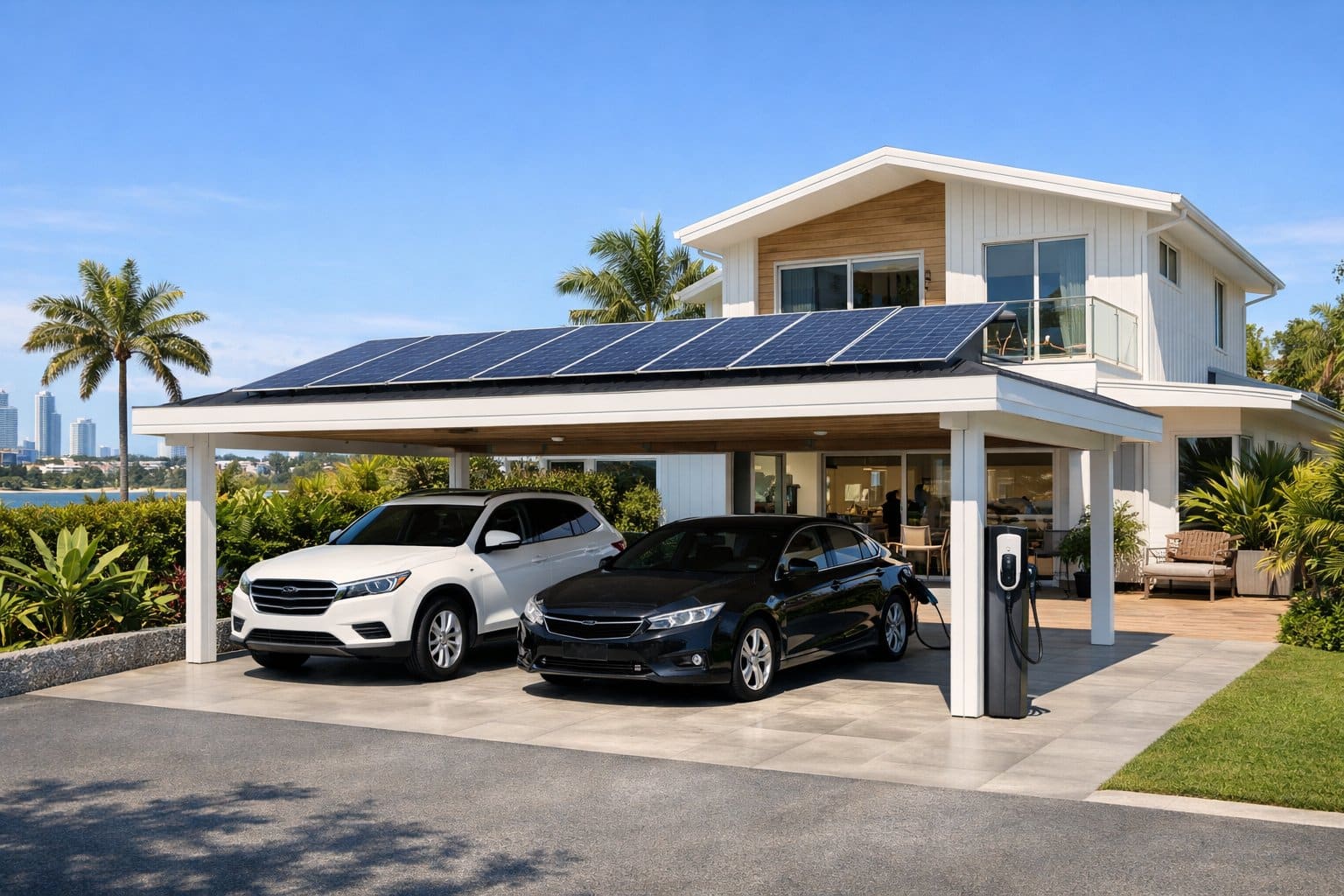 Modern double carport with solar panels and EV charging beside a coastal-style home.
