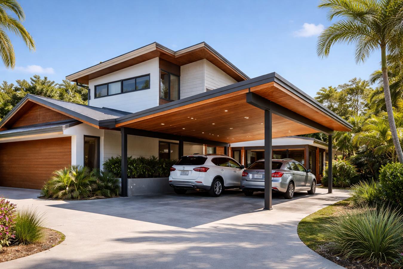 Custom carport perfectly matching a modern home with a complex roofline in a coastal setting.