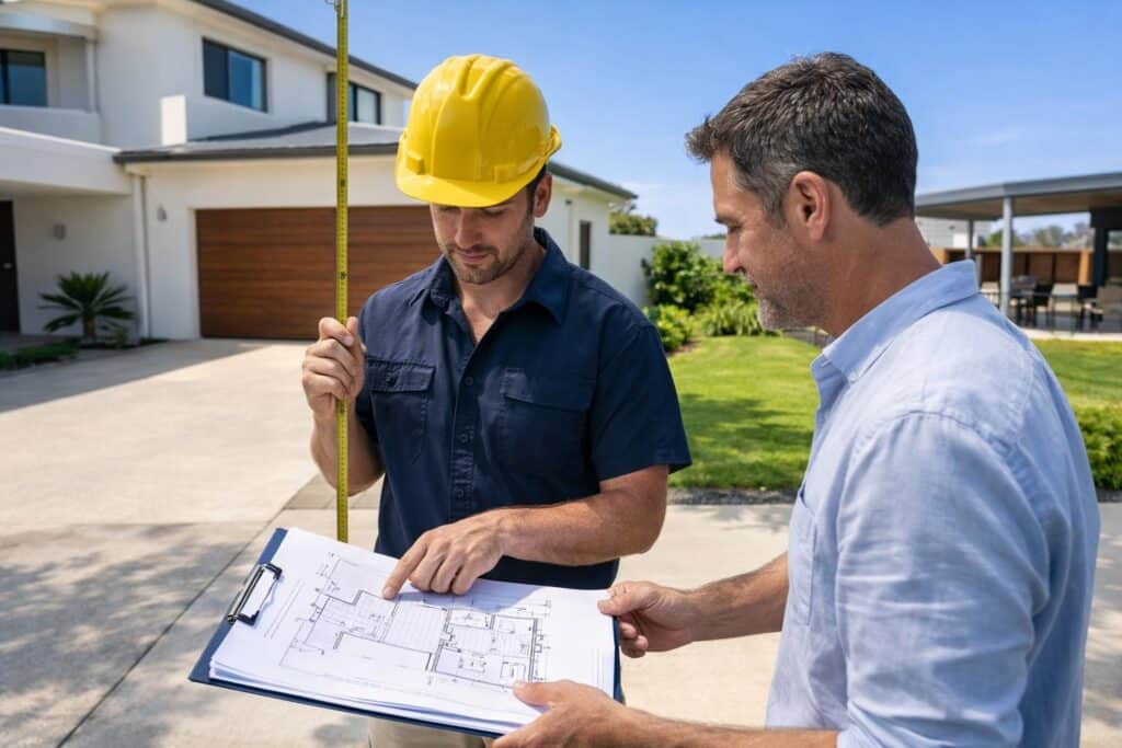 Builder and homeowner discussing custom carport design and layout during a site consultation.